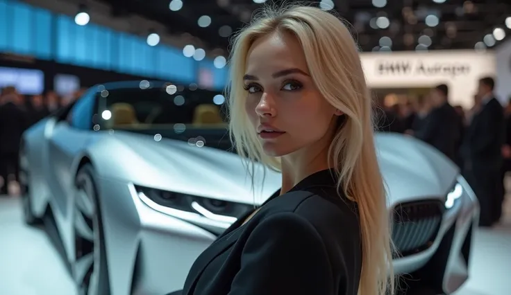 ((HD real photos))(( BMW’s LOGO is clearly presented)) ((The model’s facial features are delicate and clear and maintain eye contact)) BMW’s latest concept car at the 2024 European Auto Show.Tall and hot blonde car show model.