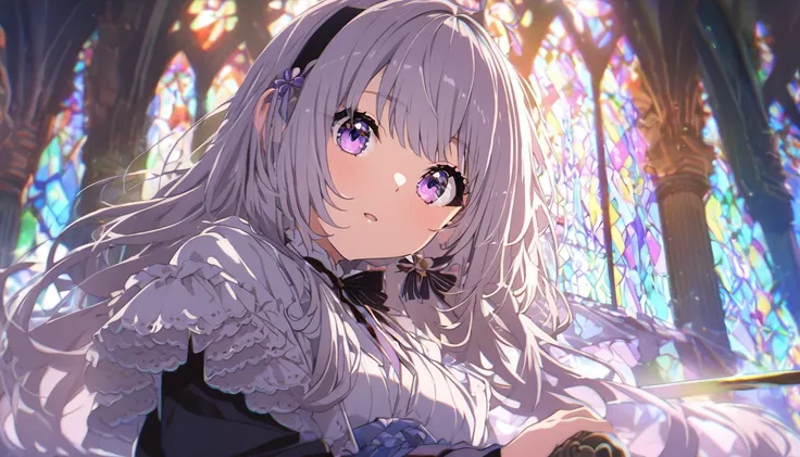 High quality Japanese anime。 Image of a girl holding a two-handed glass sword。 See the beautiful stained-glass cathedral in the background, illuminated by sunlight,High resolution、Detailed face、fine grain、