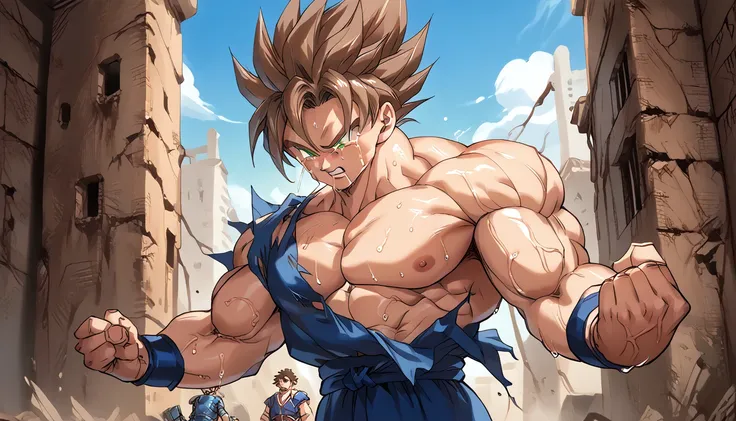 highest quality,raw photos,professional art works,m3g4m4n,blue armor,muscular,brown hair, boy,male focus, brown hair, green eyes...