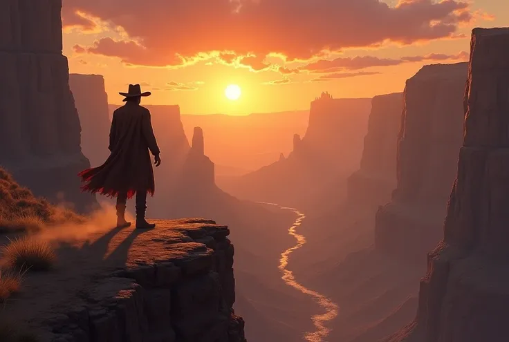 Lone cowboy standing on edge of steep canyon, glowing orange-red sunset, vast rugged landscape, sharp cliffs, towering rock formations, soft wind kicking up dust around boots, long shadow stretching across ground, warm golden light casting dramatic shadows...