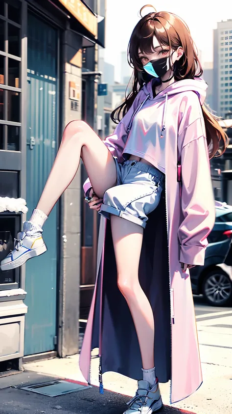 a girl,fourteen years old ,brown long hair with pinks,white skin,wearing an oversized hoodie,white mini short pants,wearing a leg ring:1.8,sport white socks,very thin legs,long legs,ring on the ankle,skinny legs,slim,skinny,on the snow