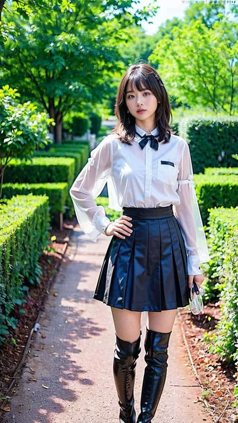 (8k、RAW Photos、Best Quality、masterpiece:1.2)、(Realistic、Realistic)、1 person、((See-through、Medium Hair、Clevis、Ribbon on chest、black long skirt、Thin legs、boots、View from the front、Looking into the camera、garden、Stand with hands on hips))、cute