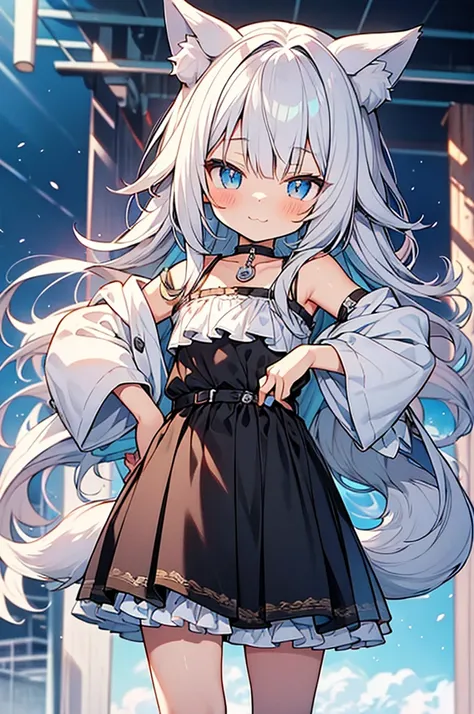 masterpiece,best quality,ultra detailed,(hyper cute anime style super petit ultra pretty character),1 loli-shota,wolf ears and wolf tail,silver hair,long hair,choker,