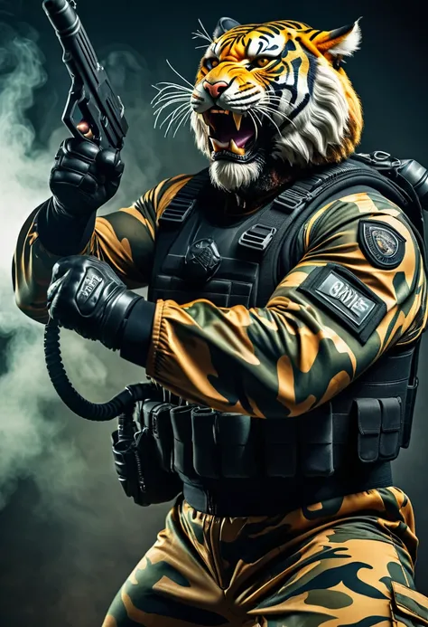 (a dark-skinned bearded fat muscular old man in a bulky army camouflage zipper diver suit) holding a gun, (wearing realistic roaring tiger mask), dynamic action pose, fierce expression, showcasing an imposing stature, surrounded by military elements, drama...