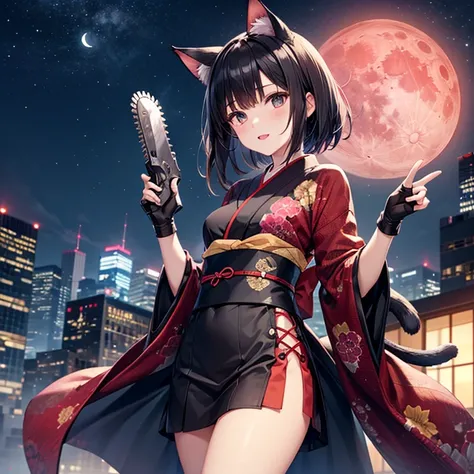 1 cat ears and tail girl、Short black hair、Small breasts、kimono、Fingerless gloves、Holding a large chainsaw with both hands、Dynamic Angle、Red moon night city、extremely detailed CG