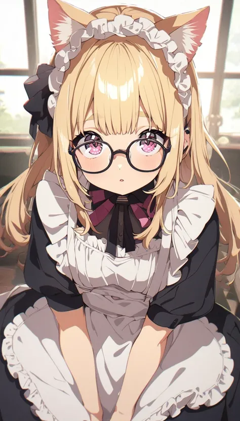 High quality Japanese anime。A girl with cat ears, blonde hair in a bun, pink eyes, wearing glasses and a maid&#39;s uniform is singing with a microphone., high contrast, whole body
,High resolution、Detailed face、fine grain、