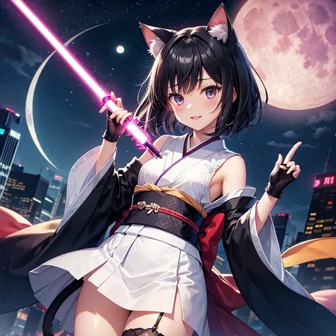 1 cat ears and tail girl、Short black hair、Small breasts、Flower pattern kimono、Fingerless gloves、Garter Ring、Hold a lightsaber、Dynamic Angle、Purple moon night city、extremely detailed CG