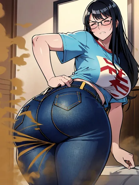 solo,1girl,black hair ,blues eyes ,tareme, hair bang, long hair,gleaming skin,glasses, oversized tshirt, blue jeans, massive fart, farting, blush, lifting ass, closed eyes, clenching teeth, alone in a room