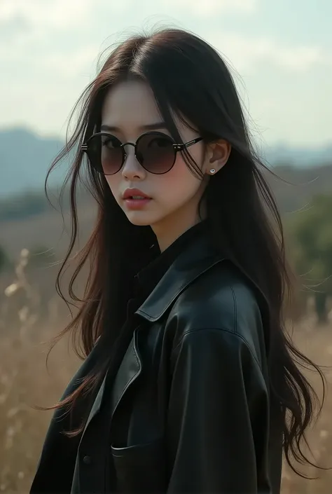 a girl standing outside, wearing  vigne sses, in a black jacket, ((long hair)), a picture inspired by Zou Zhe, tumblr, realism, xintong chen, around 1 , qichao wang, huifeng huang, zhelong xu, xiaofan zhang, pengzhen zhang, zmonzheng, yihao ren, zezhou che...