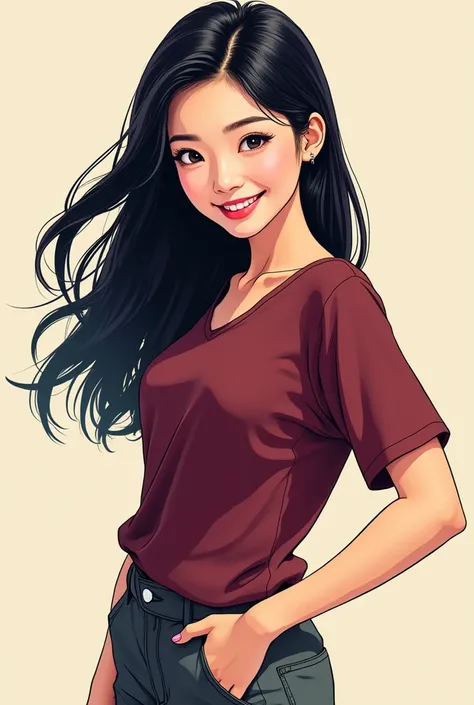 Korean comics, medium body shot,A maroon shirt and short pants and beautiful woman,facing forward,long black hair. With nice smile