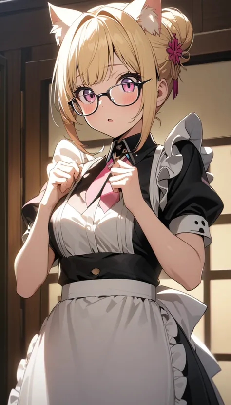 High quality Japanese anime。A girl with cat ears, blonde hair in a bun, pink eyes, wearing glasses and a maid&#39;s uniform is singing with a microphone., high contrast, whole body,High resolution、Detailed face、fine grain、