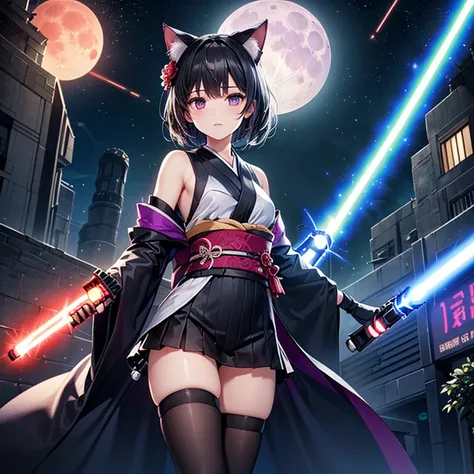 1 cat ears and tail girl、Short black hair、Small breasts、Flower pattern kimono、Fingerless gloves、(Thigh frill ring:1.3）、(Hold the lightsaber with both hands:1.3)、Purple moon night city、extremely detailed CG