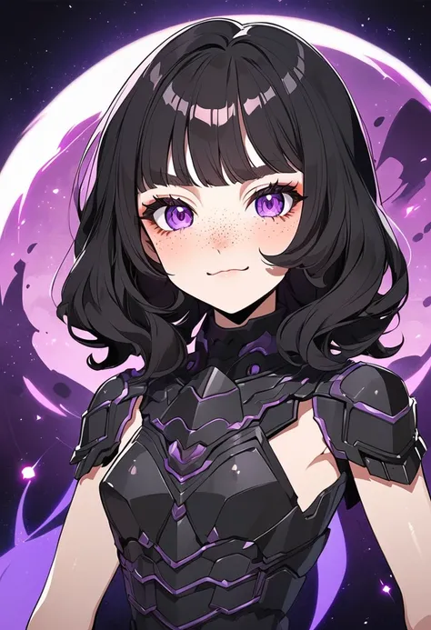 Anime Style, A woman with wavy black hair and purple eyes, Black alien armor, Freckles, , Eyeshadow, Cute face