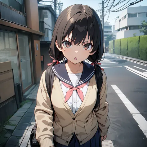 High resolution, 8k, best quality, masterpiece, ultra detailed, anatomically correct, anime,
1girl, standing on side in sidewalk,
very long low twintails with red ribbon, very long low pigtails, black hair, dark brown eye,
(small curiosity mouth:1.2), seri...