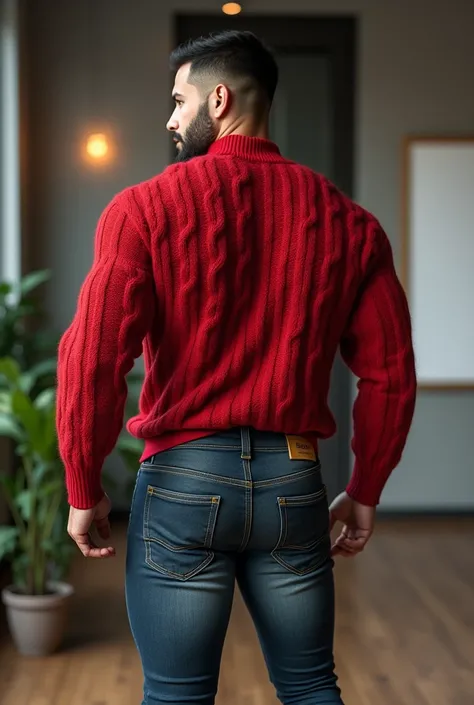 Handsome man, muscular, Manly and sexy in casual clothes, with a modern, Real red yarn sweater in fashion, strong and muscular legs, large lump, Ultra realistic detailed 8k masterpiece with high detail in the office , close up , bodybuilder, wide legs,( bu...