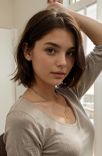 An  girl in a tight top with a low neckline