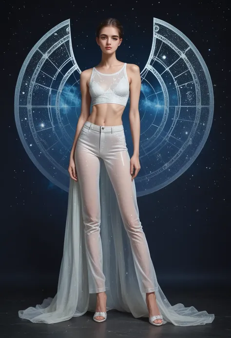 Masterpiece, a beautiful void goddess, full body white transparent clothes standing under empty night stars, disappearing transparent pants, full body standing, tall figure, slender legs, facial details, detailed body part details, 8k wallpaper