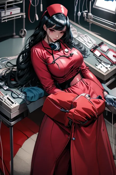 nurse uniform,hospital, latex nurse suit,nurses,busty,elbow gloves,labcoat,black hair woman,red eyes , gigantic ,medical instruments,asian nurse,two nurses,speculum,examination room,oversize ,big ass ,strap on, lay on table ,legs spreaded,giving birth,gyno...