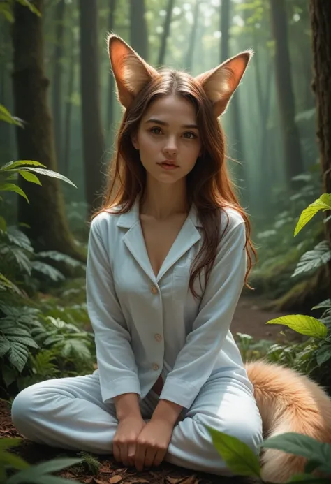 A professional high-quality photo, in 4K resolution, captures in realistic detail a charming girl in a fluffy white pajama with ears and foxtail. She is sitting in the middle of an enchanted forest, where every element is portrayed to perfection. The textu...