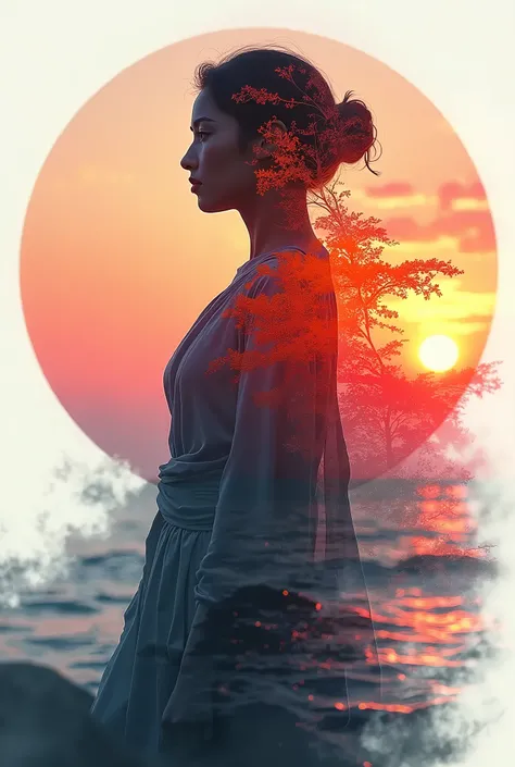 high quality, 8K Ultra HD, A beautiful double exposure that combines an goddess silhouette with sunset coast, sunset coast should serve as the underlying backdrop, with its details incorporated into the goddess , crisp lines, The background is monochrome, ...