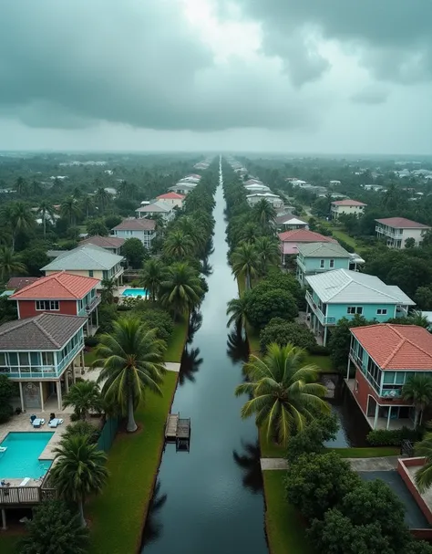 A coastal neighborhood on the Gulf side of Florida. Grid street layout with some water canals. A mixture of old and modern houses. some large and multistory. Others single story and on stilts. Various palm trees lining streets. swimming pools inside pool c...