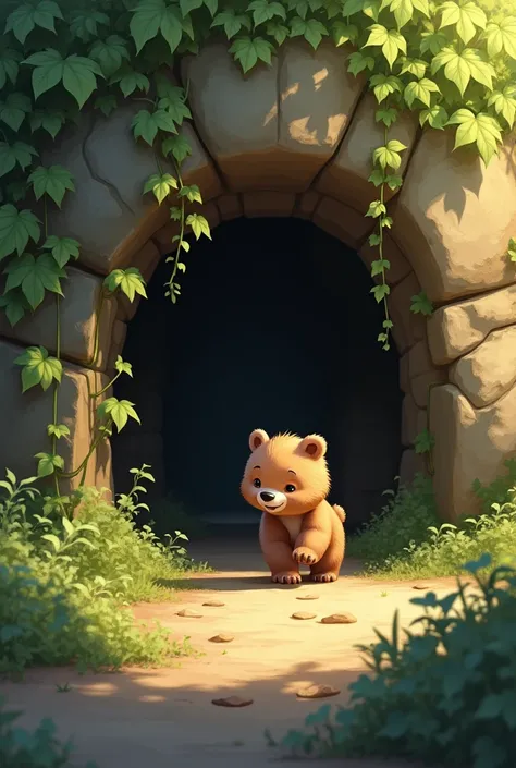 The bear cub is walking towards a small, cozy cave in a rocky cliff face. The entrance is partially covered in vines and leaves, creating a sense of mystery and comfort.