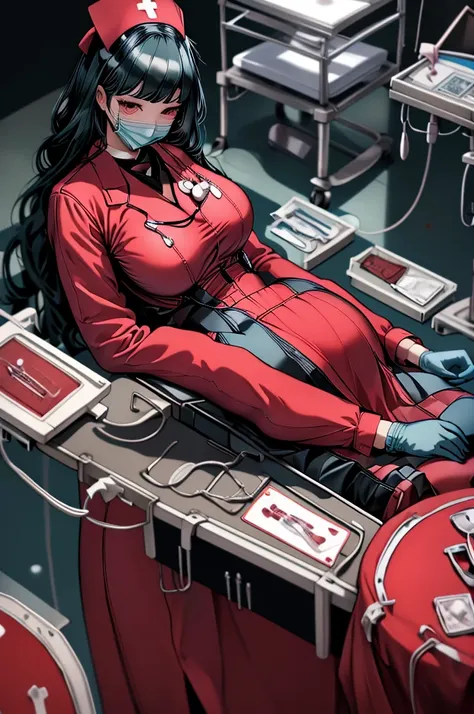 nurse uniform,hospital, latex nurse suit,nurses,busty,elbow gloves,labcoat,black hair woman,red eyes , gigantic ,medical instruments,asian nurse,two nurses,speculum,examination room,oversize ,big ass ,strap on, lay on table ,legs spreaded,giving birth,gyno...