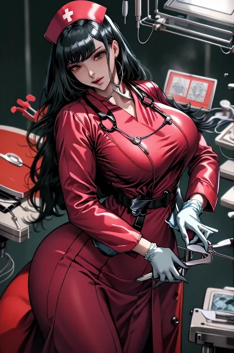 nurse uniform,hospital, latex nurse suit,nurses,busty,elbow gloves,labcoat,black hair woman,red eyes , gigantic ,medical instruments,asian nurse,two nurses,speculum,examination room,oversize ,big ass ,strap on, lay on table ,legs spreaded,giving birth,gyno...