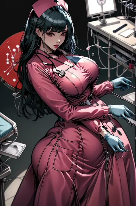 nurse uniform,hospital, latex nurse suit,nurses,busty,elbow gloves,labcoat,black hair woman,red eyes , gigantic ,medical instruments,asian nurse,two nurses,speculum,examination room,oversize ,big ass ,strap on, lay on table ,legs spreaded,giving birth,gyno...