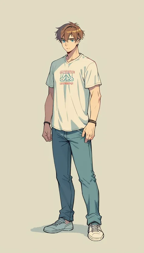 concept art ,human male , brown hair style   , blue eyes , , clothing  , black bracelets , t-shirt ,full body ,pants