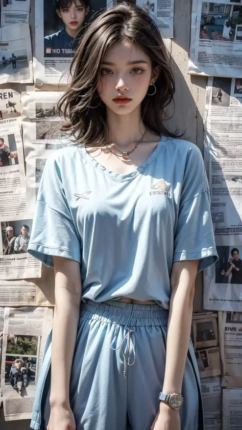 1 girl,lonely,permanent,(white|light blue|slope_hair),decorations,earring, necklace,{jk}, newspaper wall,medium bust,clothing wr...