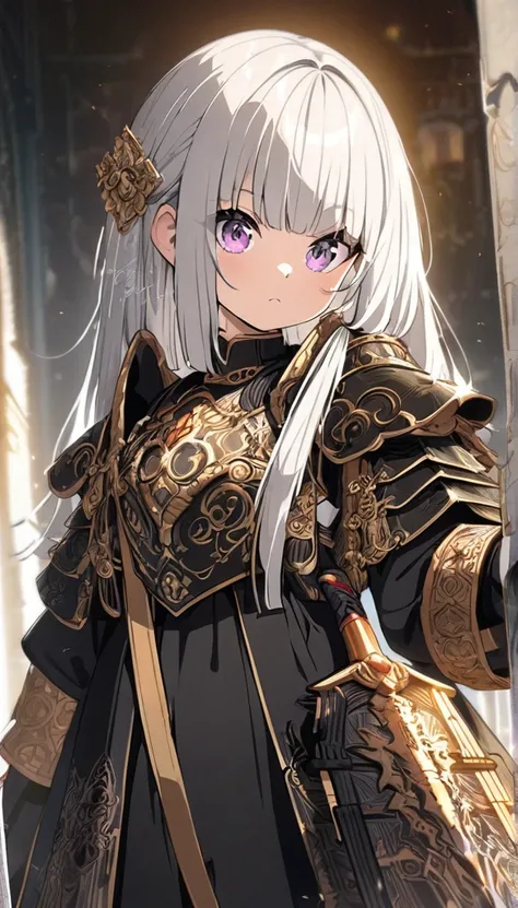 A cute girl with silver hair and bangs, wearing black armor and wielding an intricately detailed sword adorned in gold patterns. The drawing is done by hand using digital ink on paper, featuring an anime-style character design with soft lighting.Best Quali...