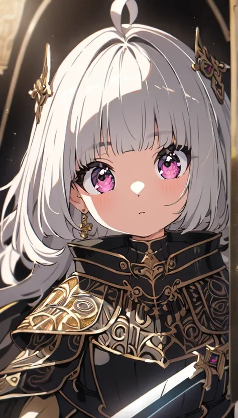 A cute girl with silver hair and bangs, wearing black armor and wielding an intricately detailed sword adorned in gold patterns. The drawing is done by hand using digital ink on paper, featuring an anime-style character design with soft lighting.Best Quali...