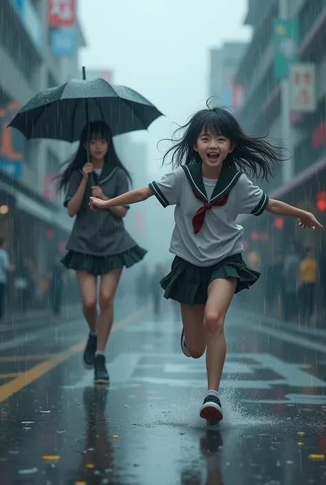 Rainy city，A schoolgirl runs with her arms outstretched and a smile，A female high school student is following behind him with an umbrella and a troubled look on her face.，