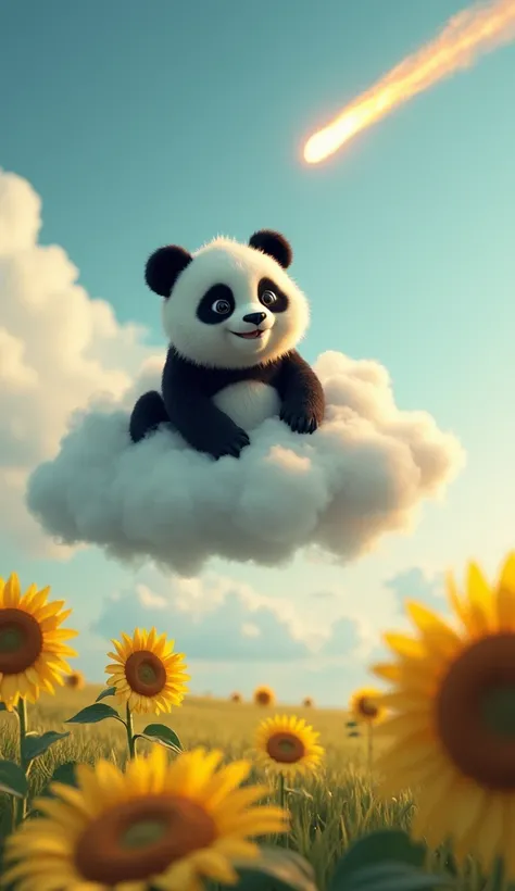 Panda riding a moving cloud, sunflowers, a meteorite falling down in the sky