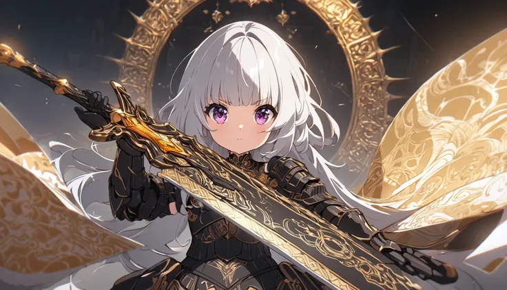 A cute girl with silver hair and bangs, wearing black armor and wielding an intricately detailed sword adorned in gold patterns. The drawing is done by hand using digital ink on paper, featuring an anime-style character design with soft lighting.Best Quali...