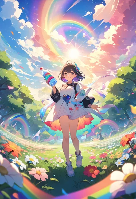 Anime Style, A girl standing with a bright smile, Holding a bottle of magic paint. Surrounded by magical and colorful surroundings, Colorful flowers々, Vivid trees々Or a rainbow-filled sky. 4K resolution