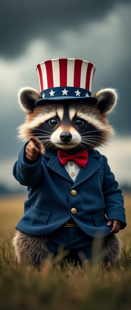 A photo of a fluffy baby raccoon dressed in a formal blue suit, red bowtie, and a hat resembling the U.S. flag. The raccoon is pointing his finger directly at the viewer and has a serious expression on his face. The raccoon is sitting on a grassy field, an...