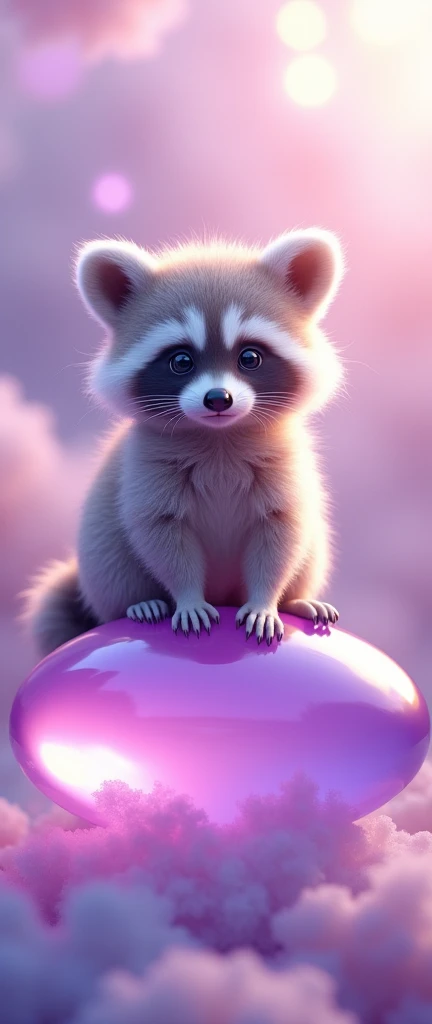 A photo of a fluffy baby raccoon sitting on two translucent purple elliptical shapes. The left ellipse is larger and casts a shadow on the right one. The background is light.