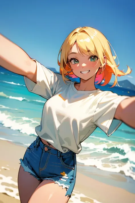 best quality, masterpiece, original, ((illustration)), highres, 8k wallpaper, selfie of a beautiful young girl, POV, thick lines, extremely detailed beautiful face, grin, white T-shirt, short jeans, looking at viewer, beach, sea, depth of field, bright sun...