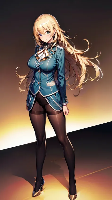 Best Quality,High resolution,High image quality,atagoKC, (atago) uniform,golden hair,black pantyhose,standing,office,Model,full body,legs crossing