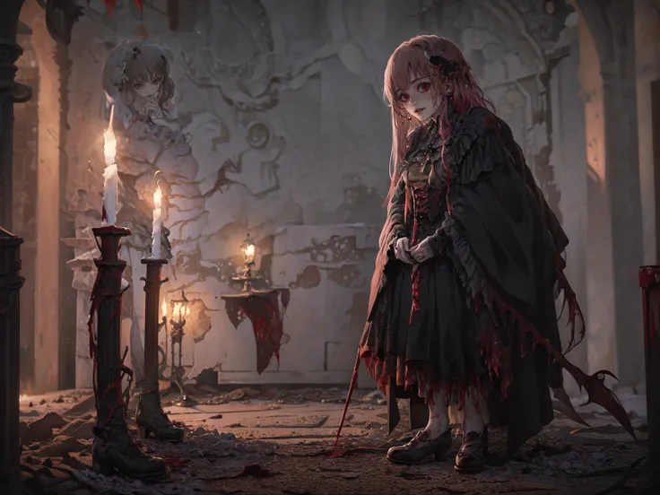 (Best Quality4K,High resolution,masterpiece:1.2),Very detailed,Realistic:1.37,,(whole body, I can see your feet and shoes: 1.2),、(,Spooky altar background,Dark fantasy,Red color scheme,Ominous atmosphere,Eye-catching,Storytelling,anatomy,Anime Style,Concep...