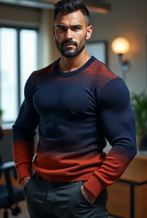 Handsome man, muscular, Manly and sexy in casual clothes, with a modern, Navy blue and royal orange yarn sweater, already in fashion, strong and muscular legs, large lump, Ultra realistic detailed 8k masterpiece with high detail in the office , close up , ...