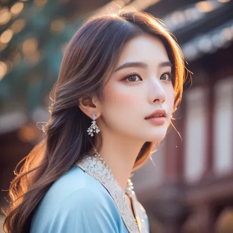 A beautiful young Asian woman, delicate facial features, large captivating eyes, long brown hair, wearing a traditional Chinese dress with white and light blue colors flowing gently in the breeze, wearing silver earrings and small necklaces ,sitting on the...