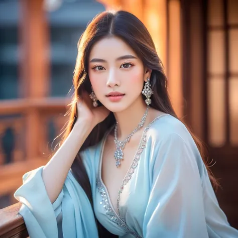 A beautiful young Asian woman, delicate facial features, large captivating eyes, long brown hair, wearing a traditional Chinese dress with white and light blue colors flowing gently in the breeze, wearing silver earrings and small necklaces ,sitting on the...