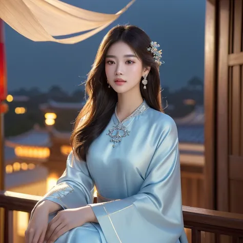 A beautiful young Asian woman, delicate facial features, large captivating eyes, long brown hair, wearing a traditional Chinese dress with white and light blue colors flowing gently in the breeze, wearing silver earrings and small necklaces ,sitting on the...