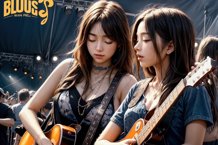 Draw a music festival poster，Playing blues guitar，Musical note elements, sexy girls