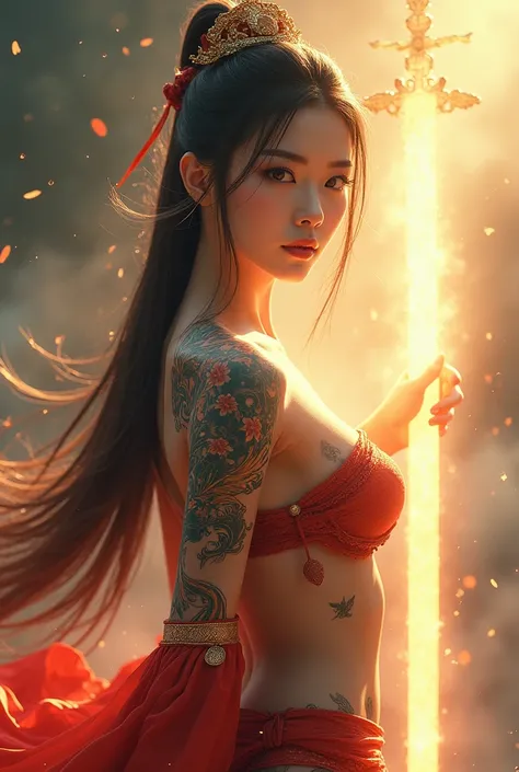 ((Fully Naked)),(looking at viewer, facing viewer, close up), digital art ilustration, depth of field, cinematic light, chiarosaurio, mist, particles, sparks,reflections, a female Chinese princess (Chinese Emperor princess, Dilraba Dilmurat, beautiful face...