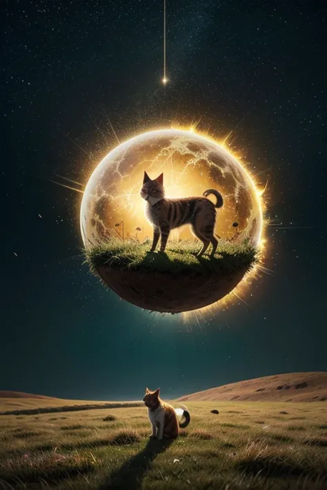 {{a logo showing a yellow ball of energy with some brown spots, In the background a small landscape with green and yellow colors and in the foreground the silhouette of a cat, a dog and a stork