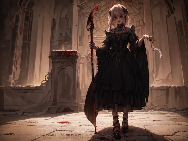 (Best Quality4K,High resolution,masterpiece:1.2),Very detailed,Realistic:1.37,,(whole body, I can see your feet and shoes: 1.2),、(,Spooky altar background,Dark fantasy,Red color scheme,Ominous atmosphere,Eye-catching,Storytelling,anatomy,Anime Style,Concep...